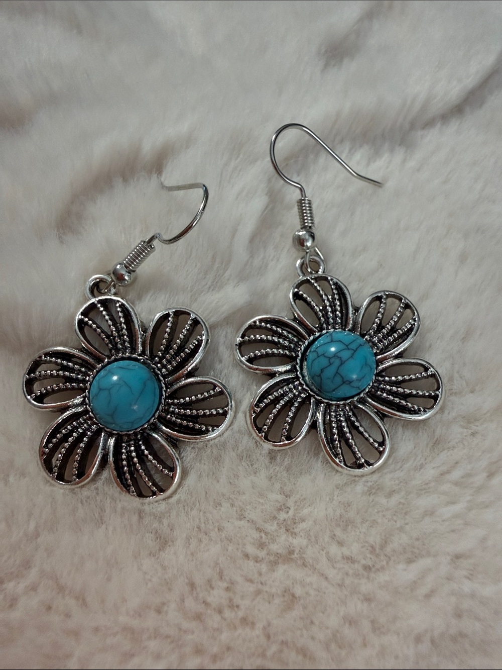 3/30$ Silver Flower Drop Earrings with Turquoise Center - Women Jewelry